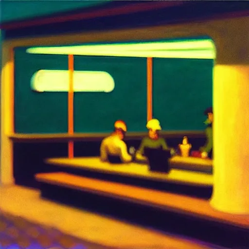 Prompt: “ nighthawks by edward hopper, except it ’ s set in a cyberpunk hong kong of the far future. ”