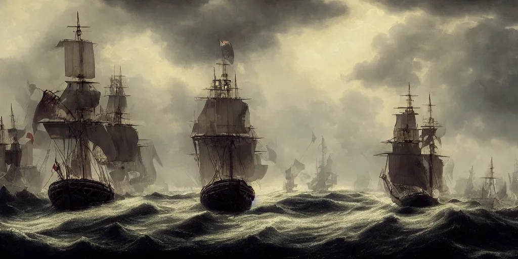 Prompt: Photorealistic,hyperdetailed hyper realistic medium shot rendering of galleons at war,canon fire,full sails,smoke,Dark raging waters,dusk,dark stormy clouds by Greg Rutkowski,Jacques-Louis David,Beautiful dynamic dramatic very dark moody lighting,shadows,Cinematic Atmosphere,high surface and silhouette details,Octane Render,8k