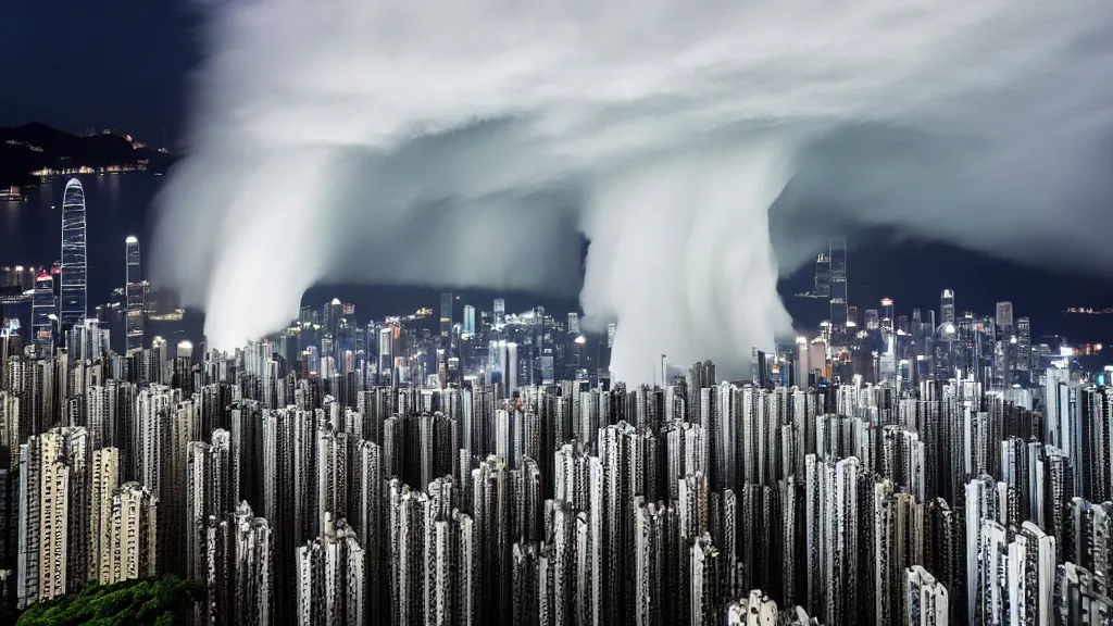 Image similar to a tornado ripping through the city of hong kong