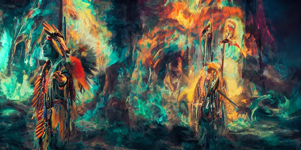 Image similar to of Native American shaman drumming by Liam Wong and Boris Vallejo