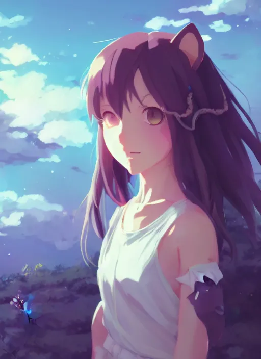 Image similar to portrait of cute catgirl, cloudy sky background lush landscape illustration concept art anime key visual trending pixiv fanbox by wlop and greg rutkowski and makoto shinkai and studio ghibli