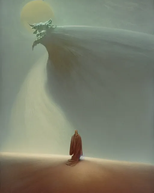 Prompt: paul atreides as emperor of dune, cinematic lighting, mist, sci-fi movie, mystical, oil painting by frank herbert and zdzislaw beksinski