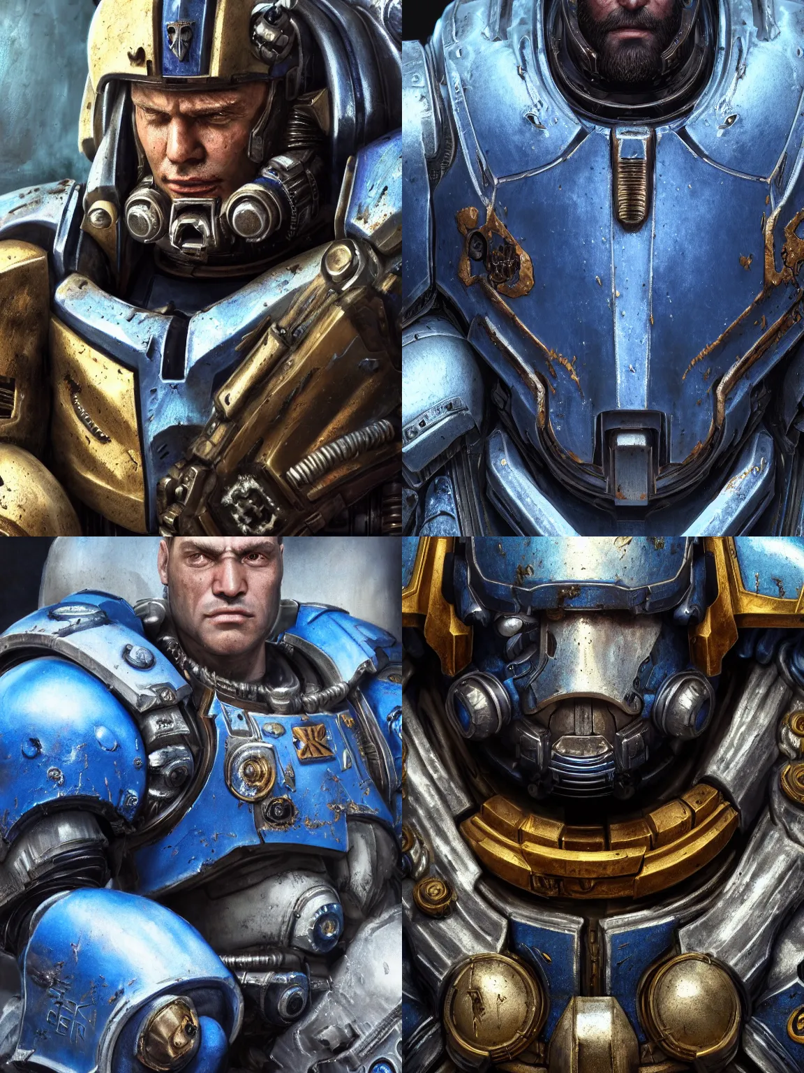 Prompt: portrait art of 8k ultra realistic blue space marine, cinematic lighting, battered, fallout, trending on artstation, 4k, hyperrealistic, focused, extreme details, unreal engine 5, cinematic, masterpiece, art by ayami kojima, giger