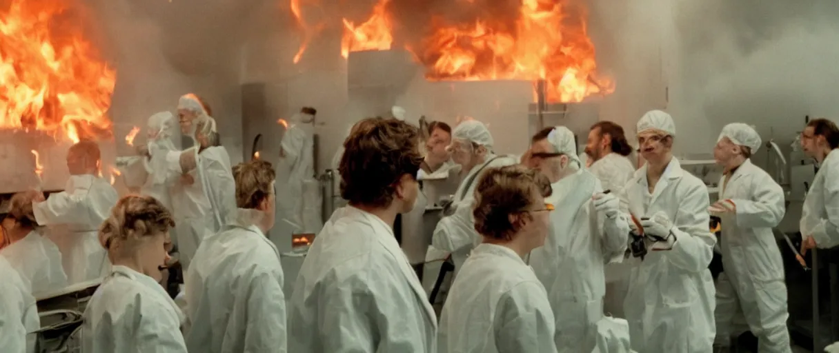 Image similar to filmic closeup dutch angle movie still 4k UHD 35mm film color photograph of a small crowd of doctors burning alive inside of a science lab , in the style of a 1980s horror film