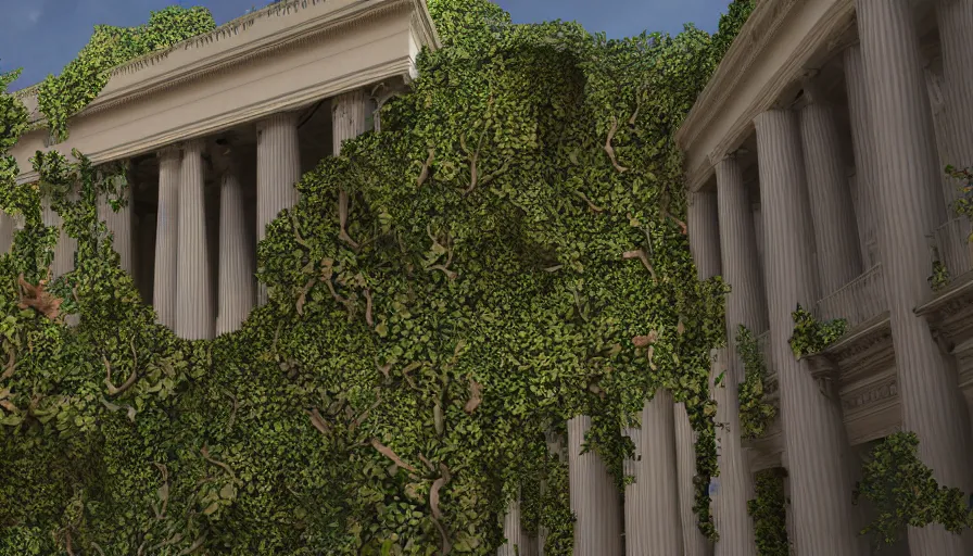 Image similar to collapses national portrait gallery in washington dc covered by vegetation, sunny day, hyperdetailed, artstation, cgsociety, 8 k