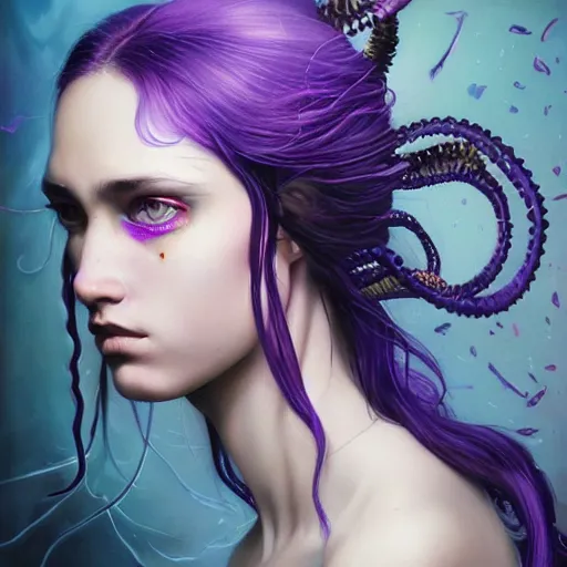 Prompt: detailed art portrait of a furious teen girl with thin, hair-like purple tentacles on her head and bright purple eyes, 8k,by tristan eaton, Stanley Artgermm,Tom Bagshaw,Greg Rutkowski,Carne Griffiths,trending on DeviantArt, face enhance,hyper detailed ,full of colour,