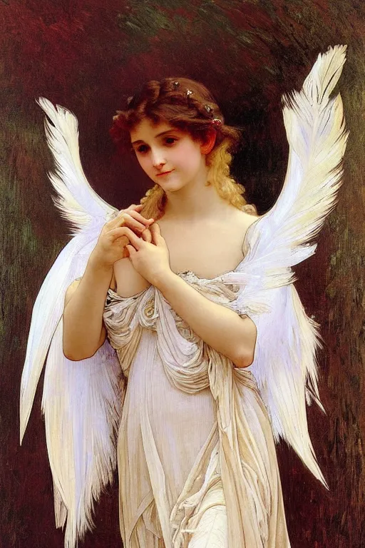 Image similar to painting of a beautifully dressed angel with huge feather wings, intricate, elegant, hyperdetailed by alphonse mucha and william - adolphe bouguereau and john william waterhouse