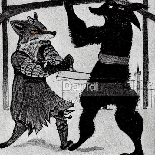 Prompt: anthropomorphic fox man fights in front of a castle against evil knight who is twice as tall, 1910s film scene