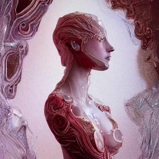 Image similar to abstract highly detailed female sculpture drawing made of white marble and red crystals quartz and minerals, ethereal lights, fine details, artstation, digital paint, fantasy, cinematic photoshooting, illustration, 8 k, intricate golden filigree, octane render, hypperrealistic painting, abstract liquid acrylic art, painting by james gilleard and minna sundberg