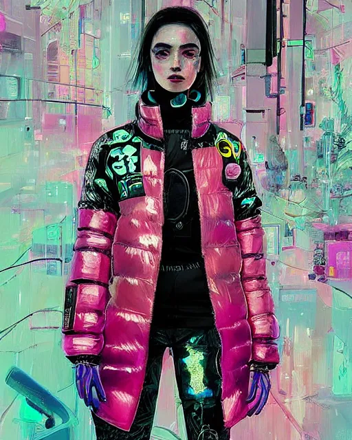 Image similar to detailed portrait Neon Operator Girl, cyberpunk futuristic neon, reflective puffer jacket, black leggings, decorated with traditional Japanese ornaments by Ismail inceoglu dragan bibin hans thoma !dream detailed portrait Neon Operator Girl, cyberpunk futuristic neon, reflective puffy coat, decorated with traditional Japanese ornaments by Ismail inceoglu dragan bibin hans thoma greg rutkowski Alexandros Pyromallis Nekro Rene Maritte Illustrated, Perfect face, fine details, realistic shaded, fine-face, pretty face