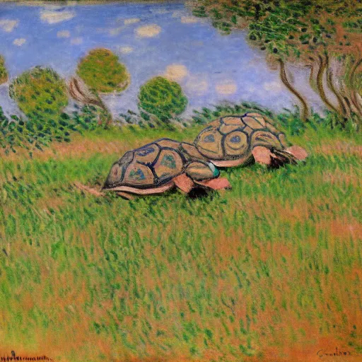 Image similar to tortoises operating heavy artillery by claude monet