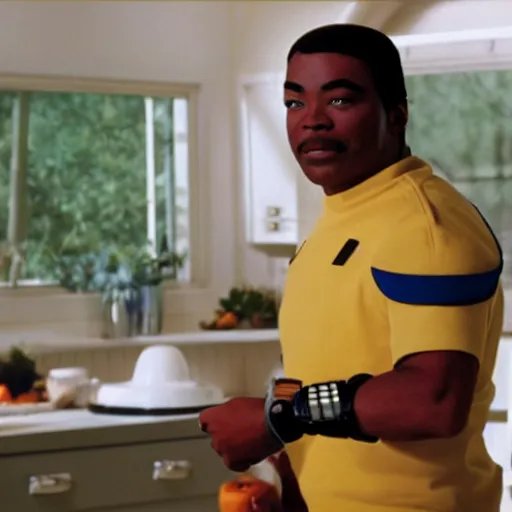 Image similar to Geordi LaForge wearing visor and a colander and random kitchen tools on his head