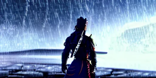 Image similar to The dark paladin with a heated sword in his hand and a burning flame with a sword in the rain. cinematic shot from back, realistic, 4K,