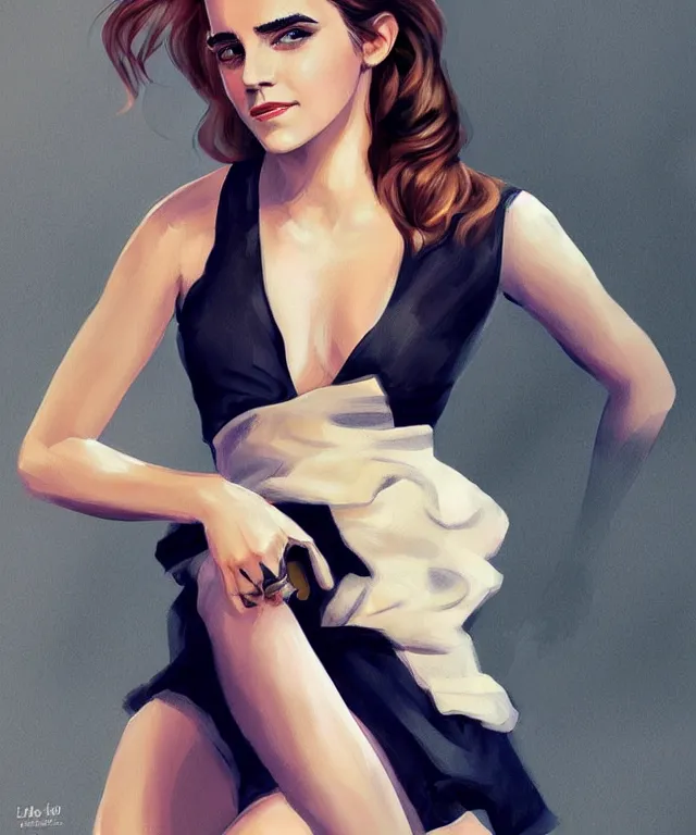 Prompt: emma watson pinup style full body portrait, pinup pose, standing up, elegant, digital painting, trends on artstation, concept art
