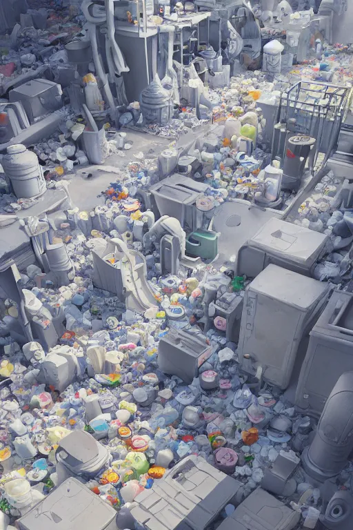 Image similar to Diaper Disposal Factory, Overflowing with Diapers, digital art, fantasy, trending on artstation, professional illustration, cgsociety, ultra detailed, volumetric lighting, celshaded, colorful, mechanical