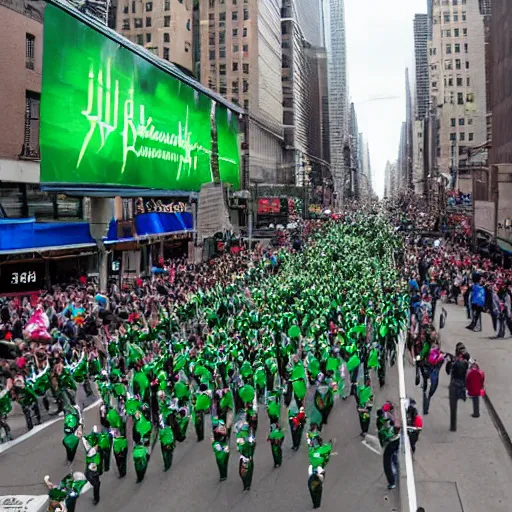 Image similar to a parade of stuffed pickle ricks marching down 5 th ave manhattan on st. patrick's day, 8 k, photo realistic, extremely life like