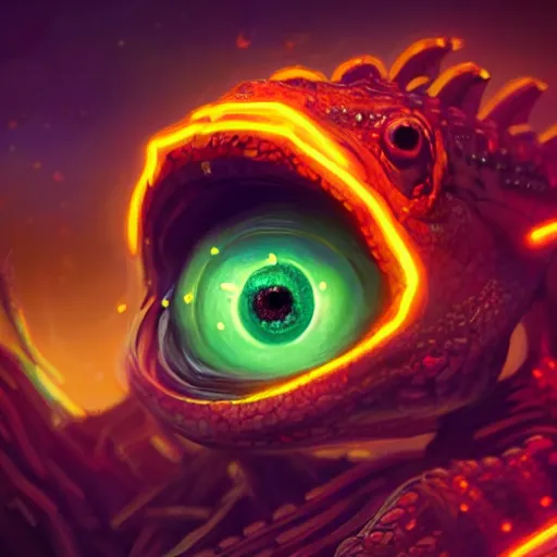 Image similar to close up portrait of a young lizard as a wizard with an epic idea, pixar style, stylized face, intricate detail, digital painting, glowing orange eyes, neon colors, cyberpunk, particles floating, industrial background by wlop, artwork by ross tran and ramond swanland and liam wong and mike winklemann, trending on artstation