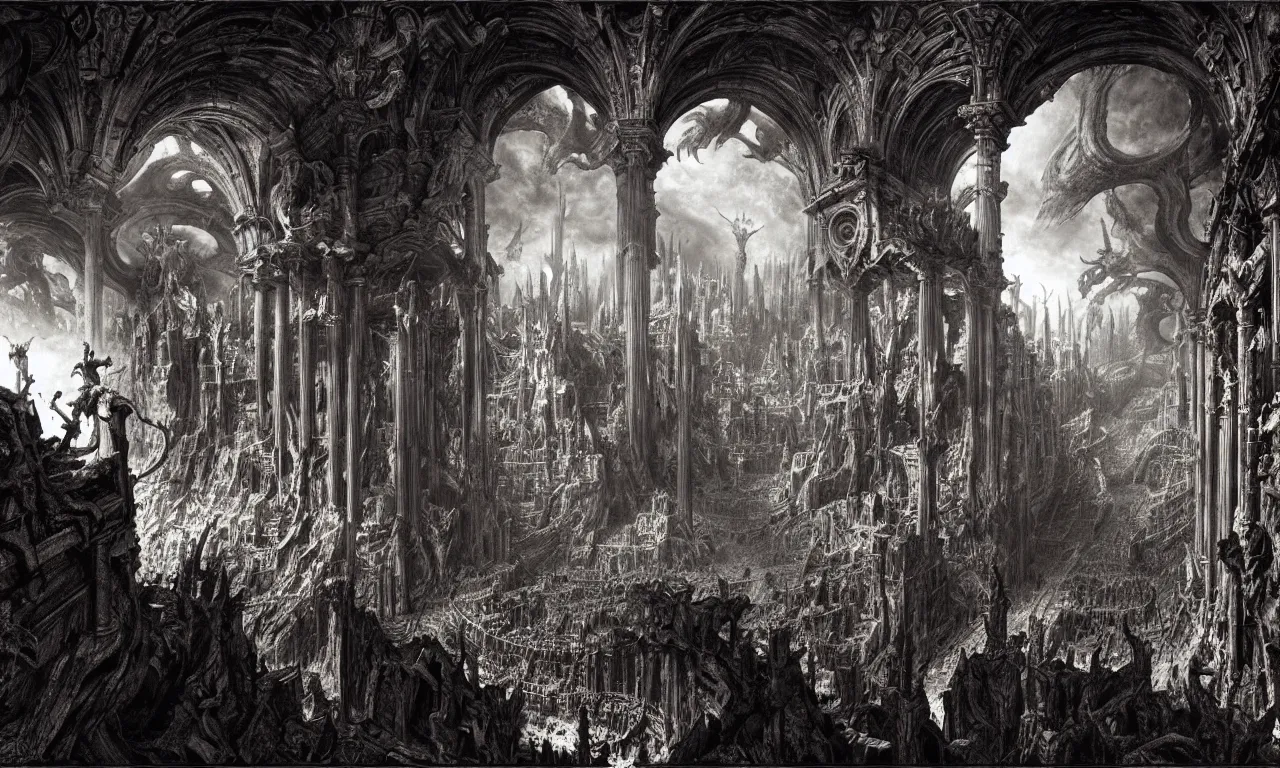 Image similar to A Spectacular IMAX View of the Infernal Court of the Kings of Hell, art by Gustav Dorê and Marc Simonetti and Giovanni Battista Piranesi