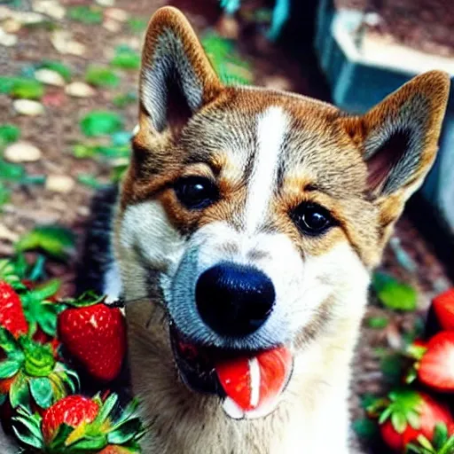 Prompt: a cute doge eating strawberries