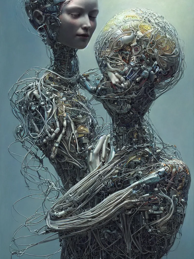 Prompt: portrait of a beautiful female android robot holding a realistic anatomical heart in her hands and crying, there are wires coming from her heart, tangled and entwined with her long flowing hair, mecha, biopunk, painting by James C. Christensen, by tomasz alen kopera