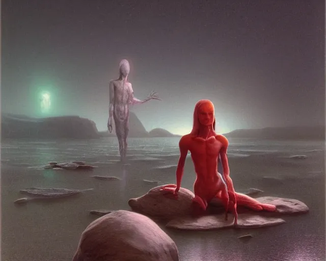 Prompt: iridescent, portrait, rocky lake shore, alien woman, glowing red, by edgar maxence and ross tran, zdzisław beksinski, and michael whelan, distant, gustav dore, h. r. giger, 8 k, octane render