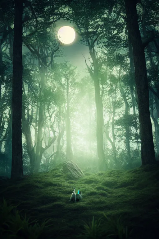 Image similar to high quality fantasy stock photo, unsplash transparent, forest and moon, intricate detail, elegant, hyper realistic, ultra detailed, octane render, volumetric cinematic lighting, 8 k post - production