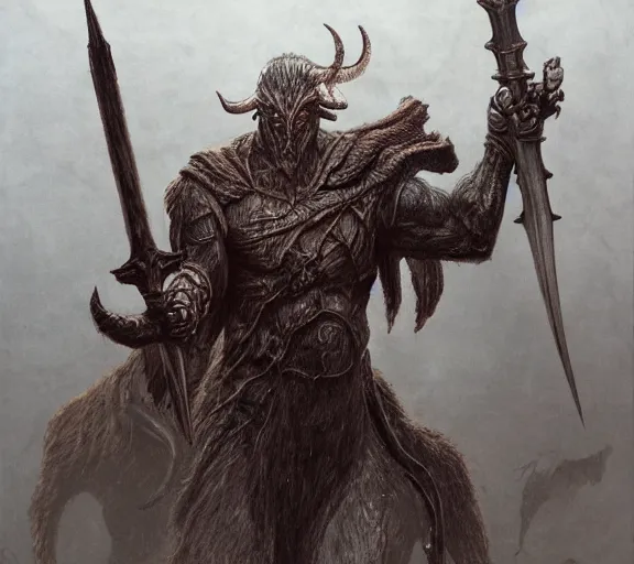 Prompt: minotaur warrior concept, beksinski, wayne barlowe, adrian smith fantasy art, the hobbit art, lord of the ring art, the witcher concept art, trending on artstation, game of throne art