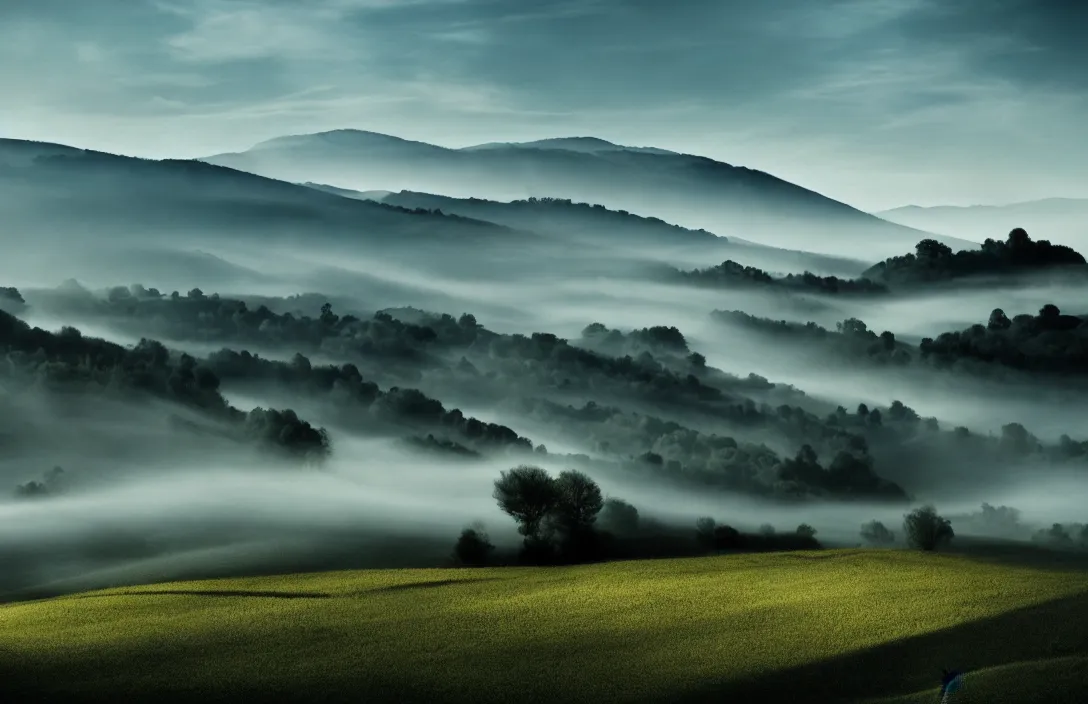 Image similar to umbrian hills dissolving into mist under a limpid blue sky result is a sophisticated interplay between warm, cool, light and dark colors. rockery intact flawless ambrotype from 4 k criterion collection remastered cinematography gory horror film, ominous lighting, evil theme wow photo realistic postprocessing by jan urschel directed by kurosawa