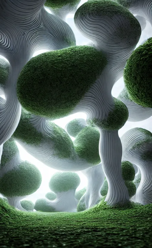 Image similar to highly detailed ultra sharp 3 d render cinematic composition of a smooth ceramic porcelain magnolia stone white fluid fractal sci - fi surreal architecture landscape, marble, magnesium, vining foliage, archviz, vincent callebaut composition, mamou - mani, beautiful lighting, 8 k, unreal engine, hdr, dof