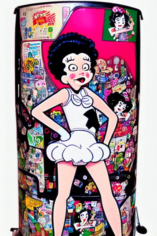 Image similar to full view, from a distance, of anthropomorphic trashcan who is betty boop from 1 9 3 0, full of trash, style of yoshii chie and hikari shimoda and martine johanna, highly detailed