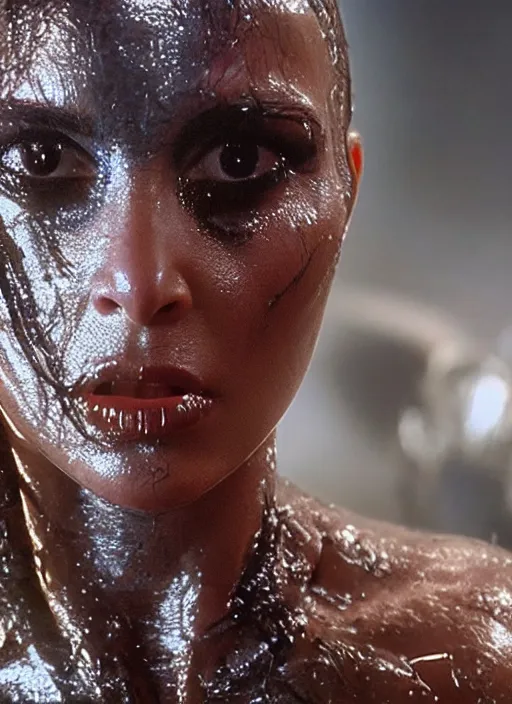 Image similar to film still of kim kardashian in the movie Alien, alien spider attached to her face as she tries to resist, spider webs on body, scary cinematic shot, 4k.
