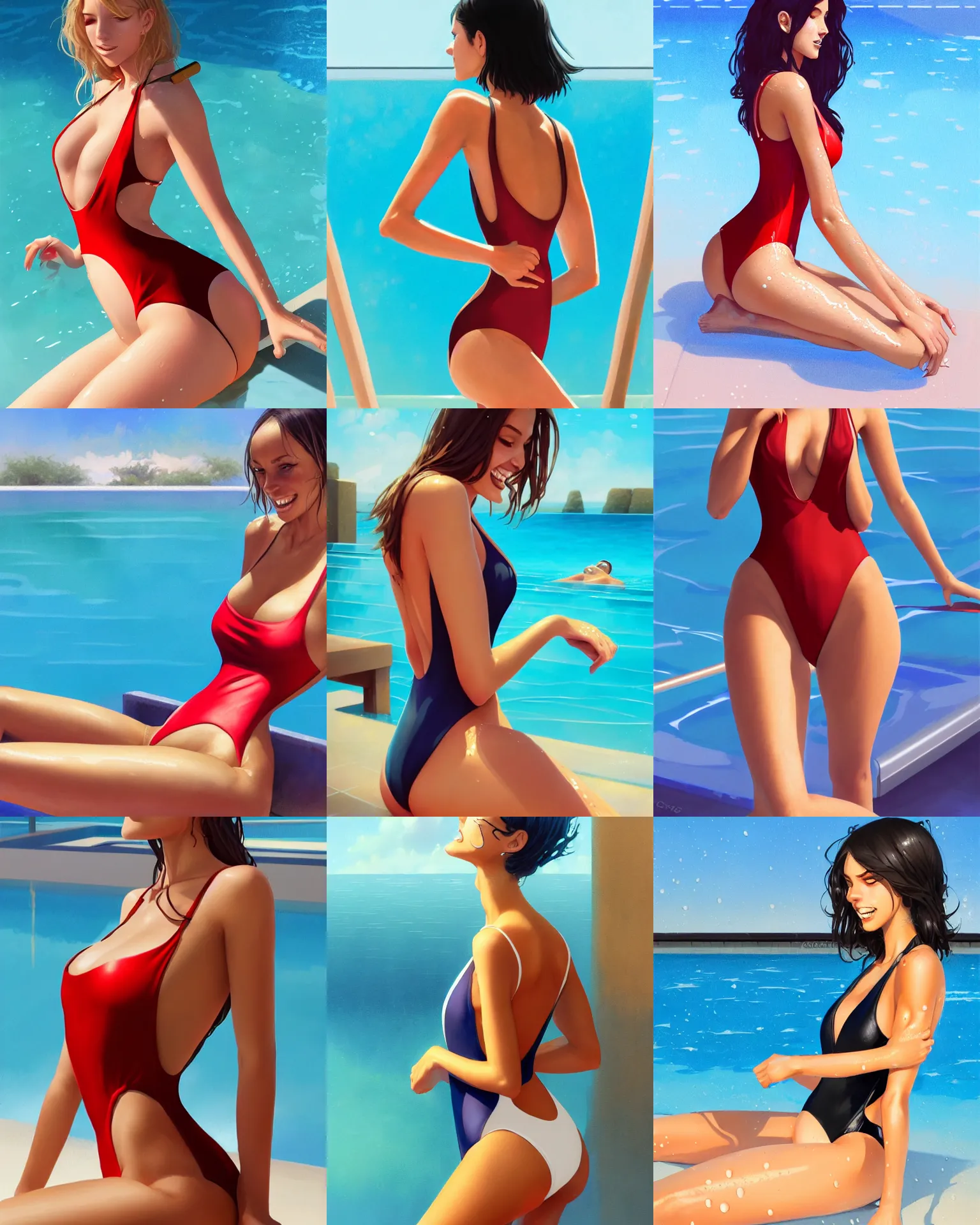 Prompt: attractive girl in the closed one-piece swimsuit monokini sitting at the poolside, hourglass slim figure, medium shot close up, wet swimsuit, seductive smile, looking at the viewer, details, sharp focus, illustration, by Jordan Grimmer and greg rutkowski, Trending artstation, pixiv, digital Art