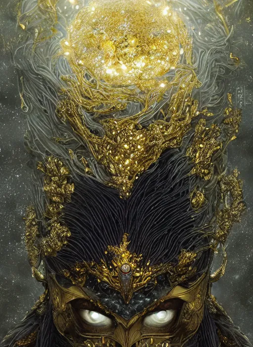 Image similar to best book cover design, glowing silver and golden elements, full close-up portrait of realistic crow with gems, book cover, green forest, white moon, establishing shot, extremly high detail, photo-realistic, cinematic lighting, by Yoshitaka Amano, Ruan Jia, Kentaro Miura, Artgerm, post processed, concept art, artstation, matte painting, style by eddie mendoza, raphael lacoste, alex ross