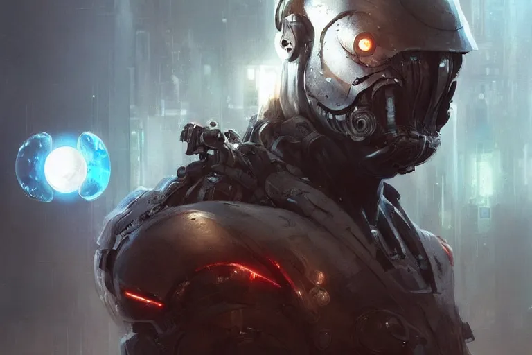 Prompt: portrait sci-fi art by Greg Rutkowski and Ruan Jia and artgerm, a glowing alien bubble floating above the hand of a soldier, futuristic environment, detailed and intricate environment, biomech, cyberpunk, high technology, highly detailed portrait, digital painting, artstation, concept art, smooth, sharp foccus, ilustration, Artstation HQ