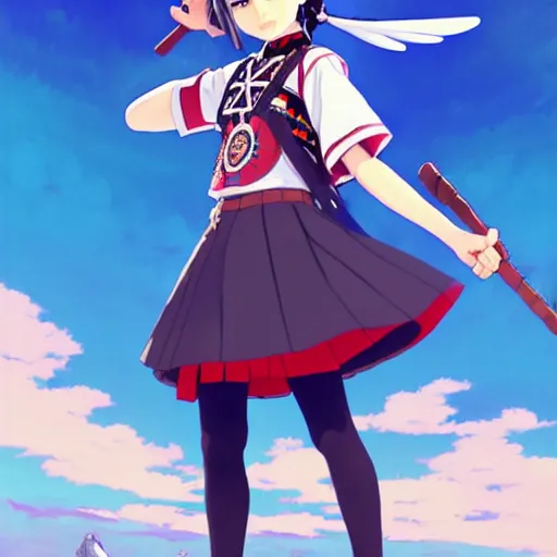 Image similar to a beautiful! boyish! natalie portman model, wearing catholic school girl outfit with mayan pattern and native style, aztec street fashion, guilty gear art direction, gapmoe yandere grimdark, trending on pixiv fanbox, painted by greg rutkowski makoto shinkai takashi takeuchi studio ghibli, akihiko yoshida