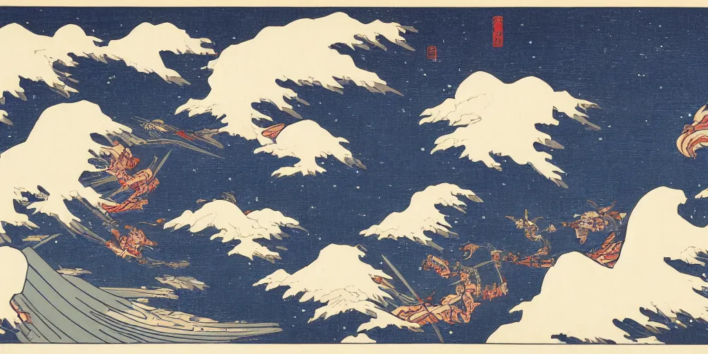 Prompt: space battle dogfight in style of katsushika hokusai, highly detailed, woodblock print