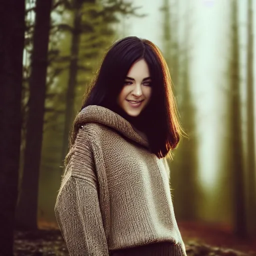 Prompt: real life photo of a beautiful girl, full body photoshoot, long black hair, brown eyes, full round face, short smile, sweater, forest setting, cinematic lightning, medium shot, mid - shot, highly detailed, trending on artstation, unreal engine 4 k, 8 0 mm, 8 5 mm, cinematic wallpaper