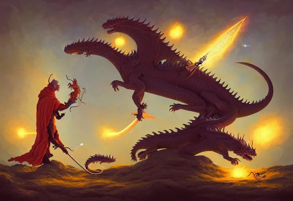 Prompt: A beautiful illustration of cosmic Pope Beavis slaying a dragon, trending on Artstation, WLOP, cgsociety by Gediminas Pranckevicius, trending on cgsociety, Michaelangelo, bokeh, fractal Thunder glow by dan mumford