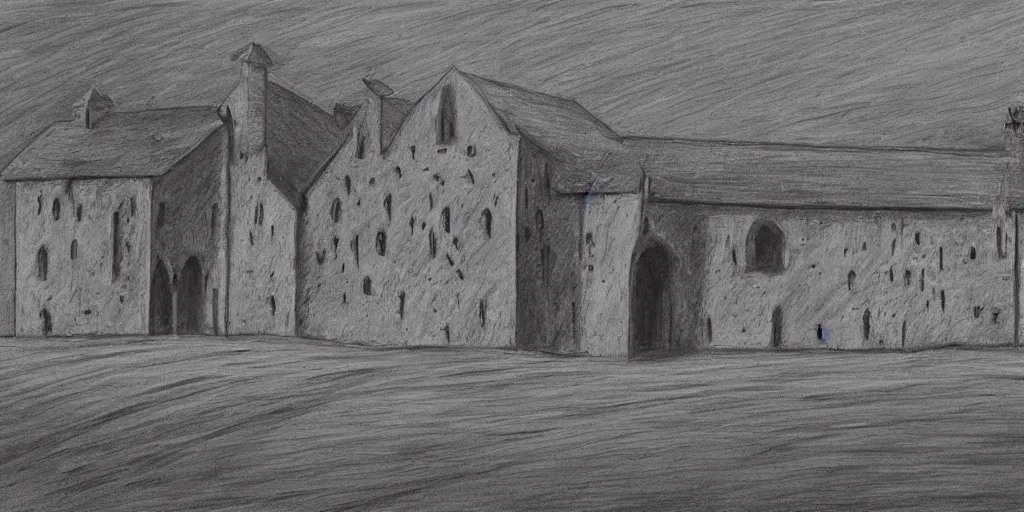 Prompt: lineart of a medieval building in a field, white charcoal, black canvas, establiahing shot