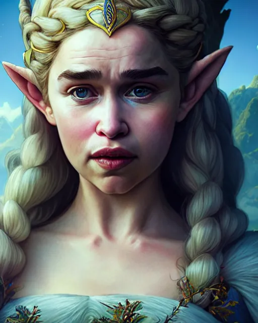 Image similar to highly detailed surreal vfx portrait of emilia clarke as princess zelda, stephen bliss, unreal engine, greg rutkowski, loish, rhads, beeple, makoto shinkai and lois van baarle, ilya kuvshinov, rossdraws, tom bagshaw, alphonse mucha, global illumination, detailed and intricate environment