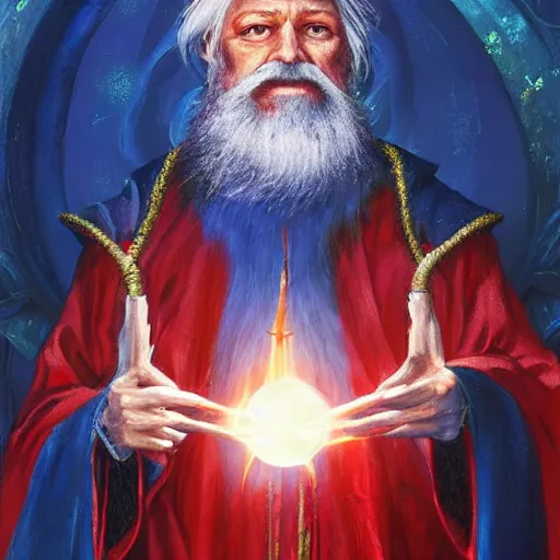 Image similar to a wizard holding an orb of frost in one hand and an orb of fire in the other, blue robes, red background, symmetrical, long white hair, long white beard, realistic painting, fantasy