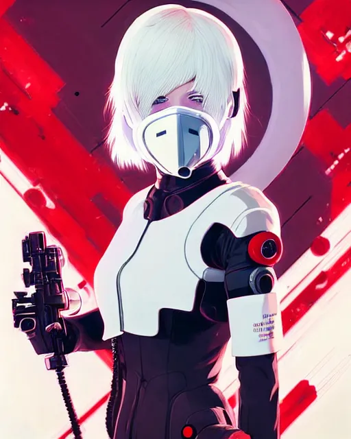 Image similar to white haired cyborg girl wearing a gas mask and red dress | | audrey plaza, warframe armor, fine detail!! anime!! realistic shaded lighting!! poster by ilya kuvshinov katsuhiro otomo ghost - in - the - shell, magali villeneuve, artgerm, jeremy lipkin and michael garmash and rob rey