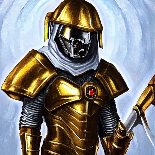 Prompt: man in white and decorated with gold doom slayer armor with kingdom of jerusalem insignia as oil painting