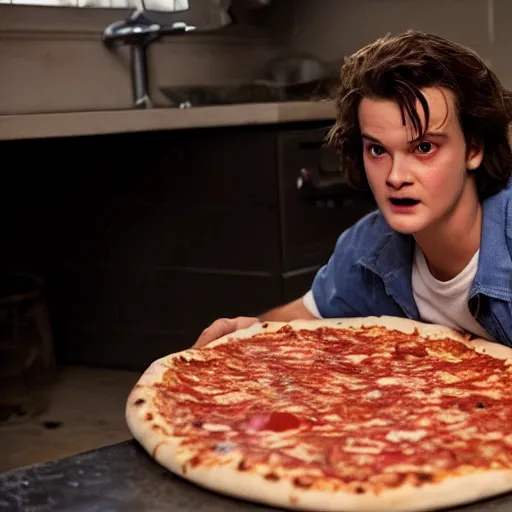 Prompt: a realistic photo of Steve Harrington from Stranger Things making a pizza, ultra realistic