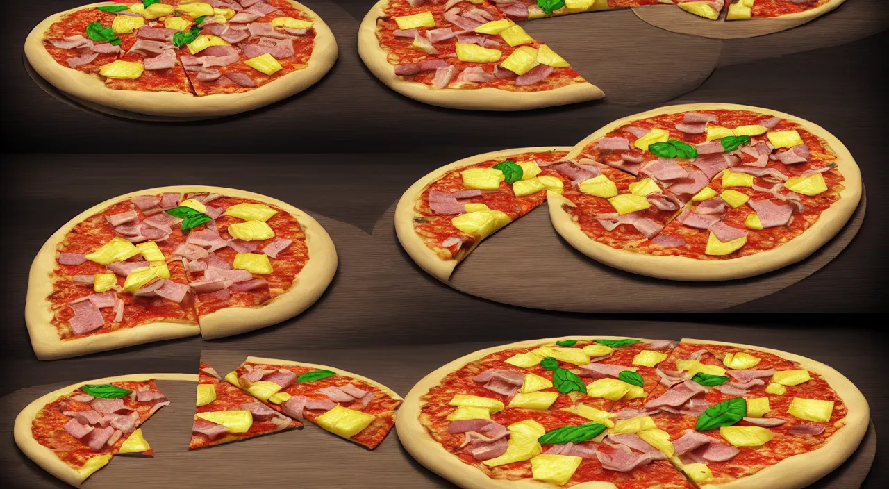 Image similar to one round tasty pizza with pineapple and ham, ultra realistic, artstation