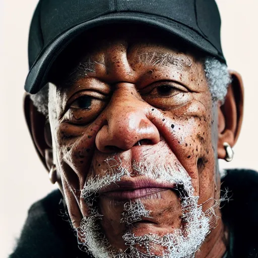 Image similar to a studio photograph of Morgan Freeman dressed as Travis Scott, 40mm lens, shallow depth of field, split lighting