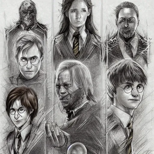 Image similar to Harry Potter characters, concept art, detailed, drawing