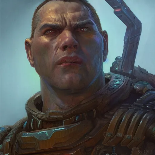 Prompt: the doomguy as a realistic fantasy d & d character, closeup portrait art by donato giancola and greg rutkowski, realistic face, digital art, trending on artstation