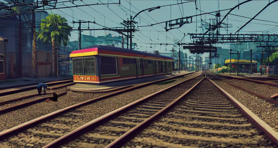 Image similar to CJ missing the train in Grand Theft Auto San Andreas and falling off his dirtbike onto the train tracks, 3D video game, octane render, depth of field, unreal engine 5, full of color, trending on artstation, ultra high detail, ultra realistic, cinematic, focused, 8k