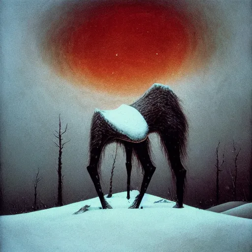 Image similar to wendigo prowling in the ancient snow mountain, beksinski